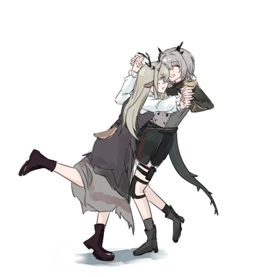 2girls ^_^ absurdres alina_(arknights) animal_ears antlers arknights ascot black_ascot black_horns black_tail blue_eyes chinese_commentary closed_eyes commentary_request dancing deer_ears deer_girl dragon_girl dragon_tail erwuyishi35850 full_body grey_hair highres holding_hands horns interlocked_fingers jacket leaning_forward leaning_on_person leg_up long_hair long_sleeves military_jacket multiple_girls official_alternate_costume open_mouth profile short_hair simple_background smile split_mouth standing standing_on_one_leg tail talulah_(arknights) talulah_the_fighter_(arknights) white_background