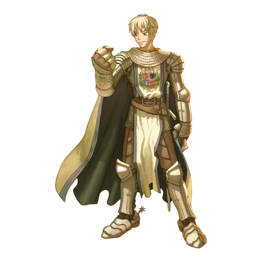1boy 2000s_(style) armor armored_boots belt boots brown_belt brown_pants cape chainmail clenched_hand closed_mouth emblem full_body gauntlets green_cape grey_eyes grey_hair highres knight_(ragnarok_online) looking_to_the_side medium_bangs myung-jin_lee official_art pants pauldrons ragnarok_online short_hair shoulder_armor simple_background smile solo standing sword tabard tachi-e transparent_background weapon