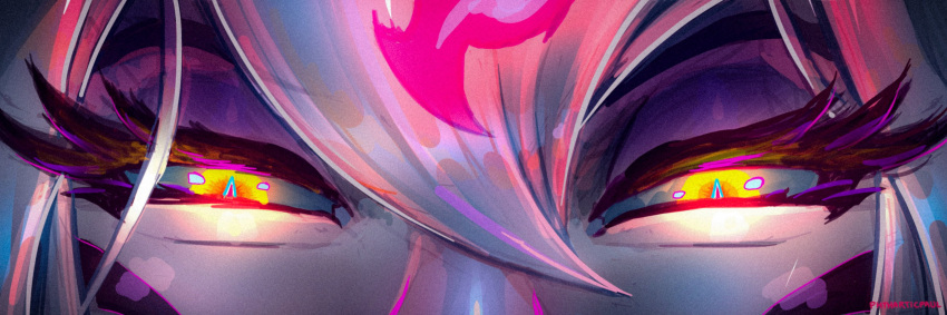 1girl absurdres artist_name close-up evelynn_(league_of_legends) eye_focus eyeliner glowing glowing_eyes highres league_of_legends long_eyelashes looking_at_viewer makeup pale_skin phtharticpaul straight-on twitter_username white_hair yellow_eyes