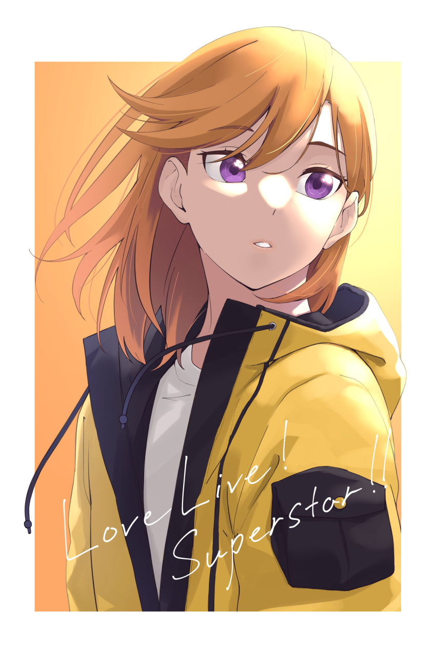 1girl absurdres border commentary_request copyright_name gradient_background highres jacket looking_to_the_side love_live! love_live!_superstar!! medium_hair open_clothes open_jacket orange_hair outside_border parted_lips s_sho_mkrn shibuya_kanon shirt solo standing upper_body violet_eyes white_border white_shirt yellow_jacket