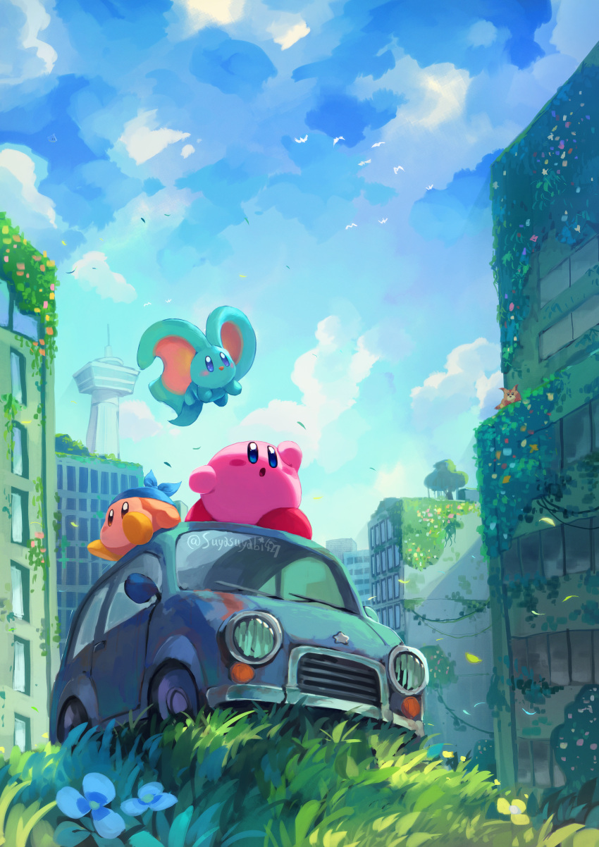 :o absurdres arm_up artist_name bandana bandana_waddle_dee bird blue_bandana blue_eyes blue_sky blush blush_stickers brown_eyes building car city clouds cloudy_sky commentary_request day elfilin flock flower flying grass highres kirby kirby_(series) kirby_and_the_forgotten_land looking_up motor_vehicle no_humans notched_ear on_vehicle open_mouth outdoors overgrown plant post-apocalypse scenery sitting sky skyscraper standing star_(symbol) suyasuyabi tower tree twitter_username ufo ufo_(kirby) vines white_flower yellow_flower