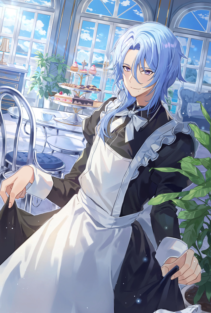 02bear20 1boy absurdres alternate_costume apron blue_hair blush bow bowtie cake cake_slice chair checkerboard_cookie closed_mouth cookie crossdressing dutch_angle enmaided food genshin_impact hair_between_eyes highres indoors juliet_sleeves kamisato_ayato long_sleeves looking_at_viewer maid maid_apron male_focus medium_hair mole mole_under_mouth muffin parted_bangs puffy_sleeves skirt_hold sunlight table tiered_tray violet_eyes white_bow white_bowtie window