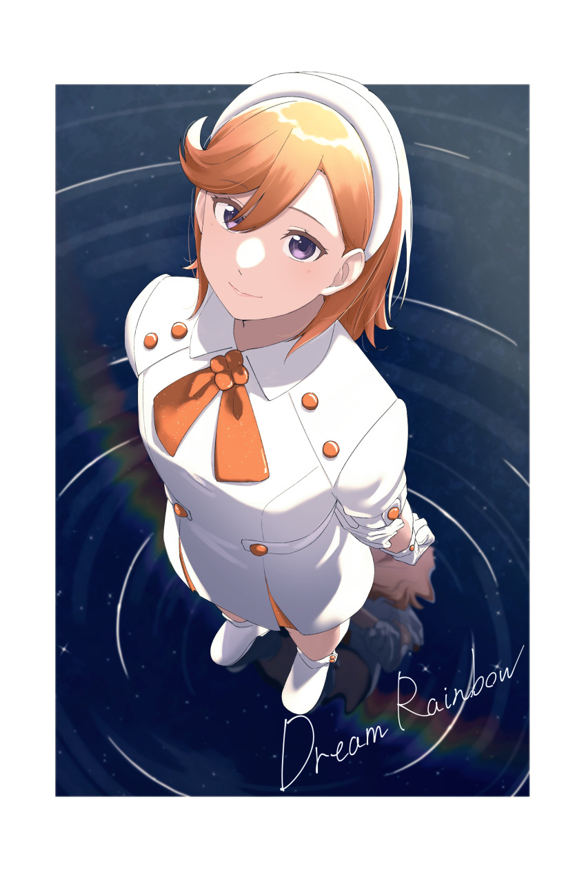 1girl absurdres border bow commentary_request dress english_text from_above hairband highres looking_at_viewer love_live! love_live!_superstar!! medium_hair orange_bow orange_eyes outside_border s_sho_mkrn shibuya_kanon solo standing standing_on_liquid violet_eyes white_border white_dress white_footwear white_hairband wish_song_(love_live!)