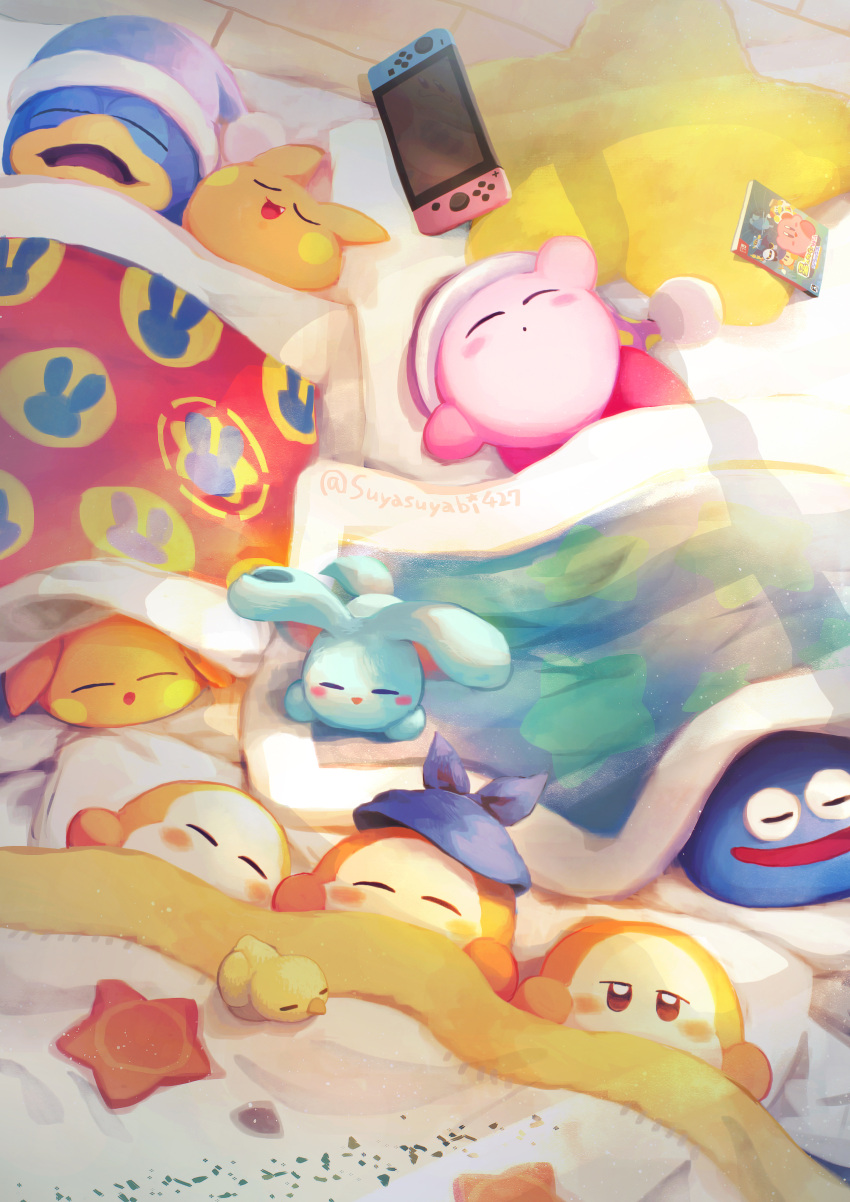 :d :o absurdres artist_name bandana bandana_waddle_dee blanket blue_bandana blue_headwear blush blush_stickers brown_eyes chef_kawasaki closed_eyes commentary_request copy_ability elfilin fang fur-trimmed_headwear fur_trim gooey_(kirby) handheld_game_console hat highres indoors king_dedede kirby kirby's_return_to_dream_land_deluxe kirby_(series) light_particles looking_at_viewer lying magolor meta_knight nightcap nintendo_switch no_humans on_back open_mouth pillow polka_dot polka_dot_headwear pom_pom_(clothes) purple_headwear scarfy sleep_kirby sleeping sleepover smile star-shaped_pillow star_(symbol) star_print suyasuyabi twitter_username twizzy u_u under_covers video_game waddle_dee wooden_floor