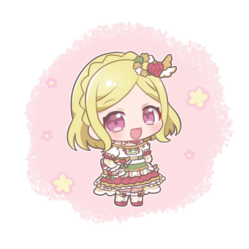 1girl :d blonde_hair blush braid chibi chii_(chi_pppuri) commentary_request crown_braid dress flower full_body hair_flower hair_ornament hands_on_own_hips highres idol_clothes looking_at_viewer midorikaze_fuwari multicolored_clothes multicolored_dress open_mouth pink_eyes pretty_series pripara puffy_short_sleeves puffy_sleeves short_hair short_sleeves smile solo standing swept_bangs