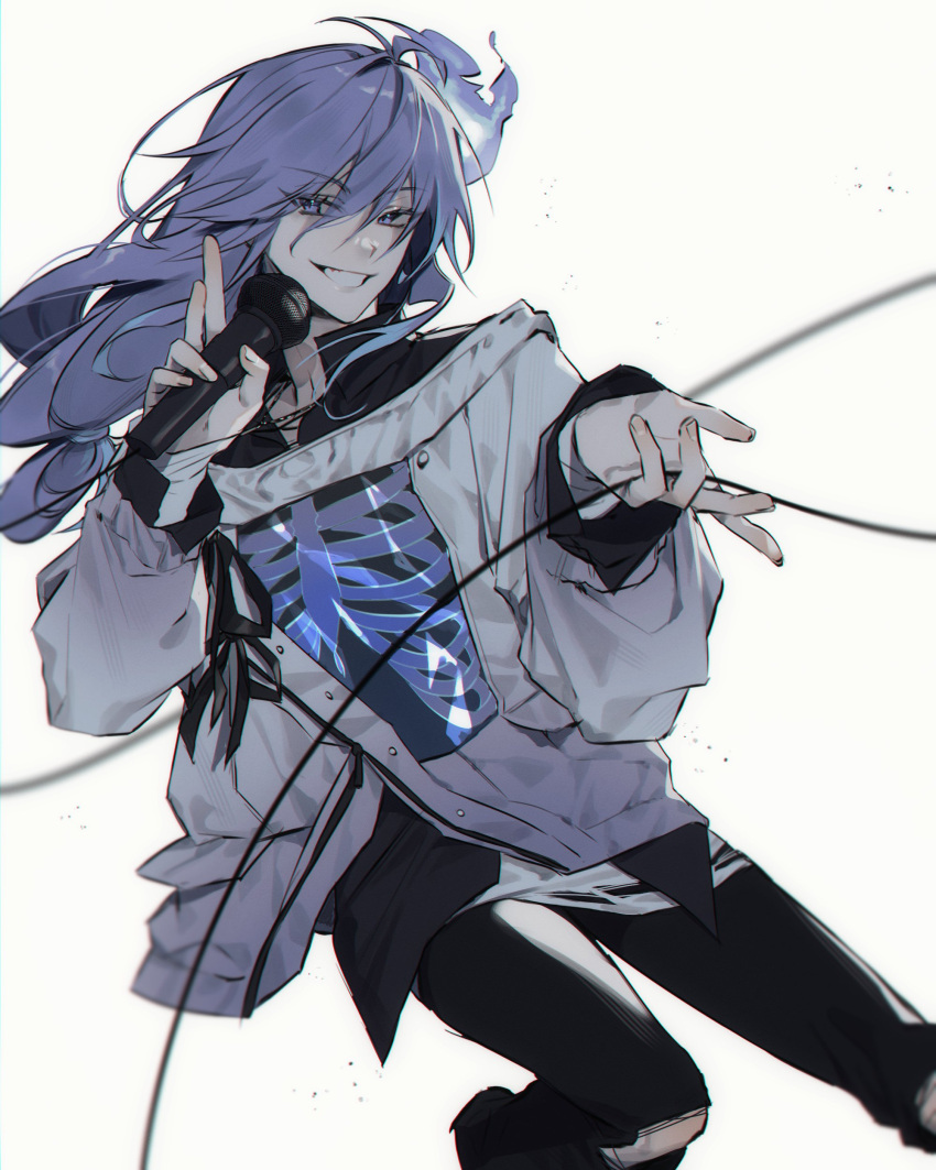 1boy absurdres androgynous antenna_hair black_shirt collared_shirt eyelashes gradient_jacket grin hair_between_eyes highres hitodama holding holding_microphone holostars jacket jewelry long_hair long_sleeves looking_at_viewer male_focus microphone minase_rio minase_rio_(1st_costume) mometsu_033 necklace pale_skin pants purple_hair shirt skeleton_print smile solo torn_clothes torn_pants violet_eyes virtual_youtuber white_background wire