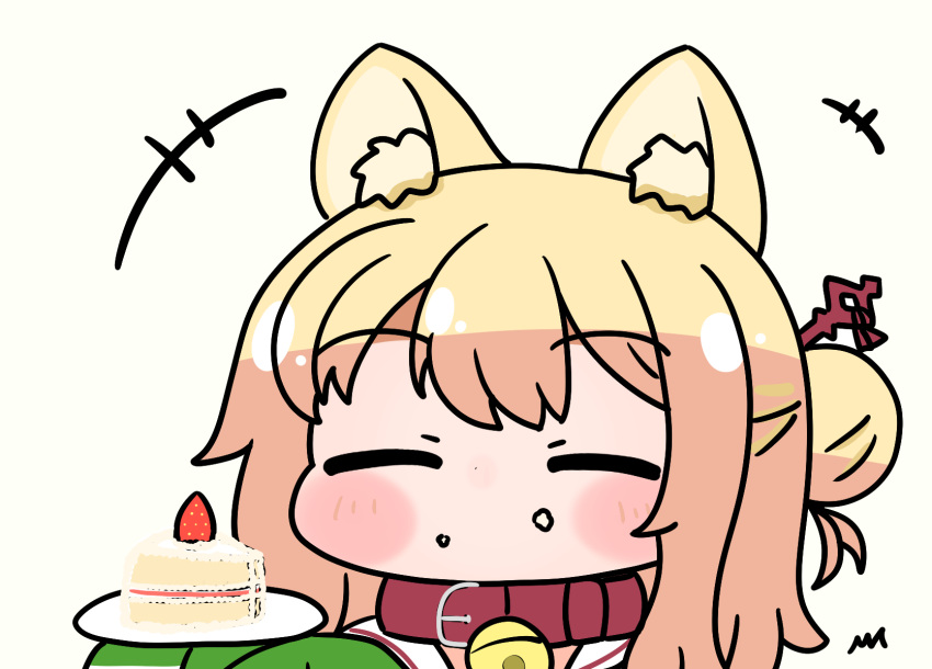 +++ 1girl animal_ear_fluff animal_ears bell blonde_hair blush borrowed_character cake cake_slice closed_eyes collar commentary_request food food_on_face fox_ears fruit hair_bun hair_ornament highres holding holding_plate jewelry kemomimi-chan_(naga_u) long_sleeves min-ti neck_bell original plate red_collar simple_background sleeves_past_fingers sleeves_past_wrists solo strawberry upper_body white_background