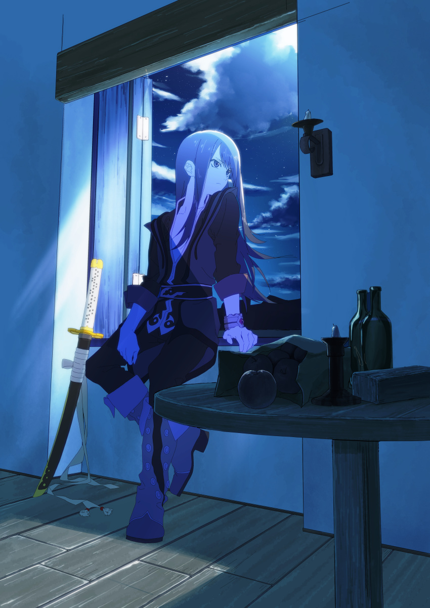 1boy absurdres against_window androgynous apple arm_support bag boots bottle bracelet clouds food fruit full_body highres indoors jewelry knee_boots long_hair looking_outside male_focus moonlight night night_sky pants paper_bag purple_hair scabbard sheath sky soko05 solo table tales_of_(series) tales_of_vesperia tunic violet_eyes windowsill wooden_table yuri_lowell