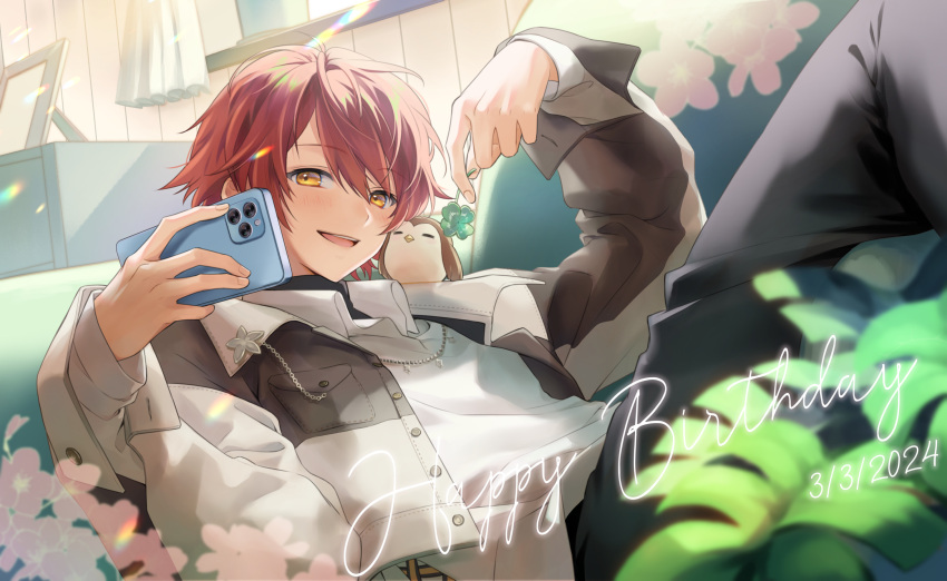 1boy animal_on_shoulder bird bird_on_shoulder bishounen blush cherry_blossoms clover commentary_request dated english_text four-leaf_clover hair_between_eyes hanasaki_miyabi hanasaki_miyabi_(7th_costume) happy happy_birthday highres holding holding_phone holostars indoors jewelry knees_up light_rays looking_at_viewer luma8b male_focus necklace open_mouth owl phone picture_frame plant potted_plant redhead short_hair smile solo teeth upper_teeth_only virtual_youtuber window yellow_eyes