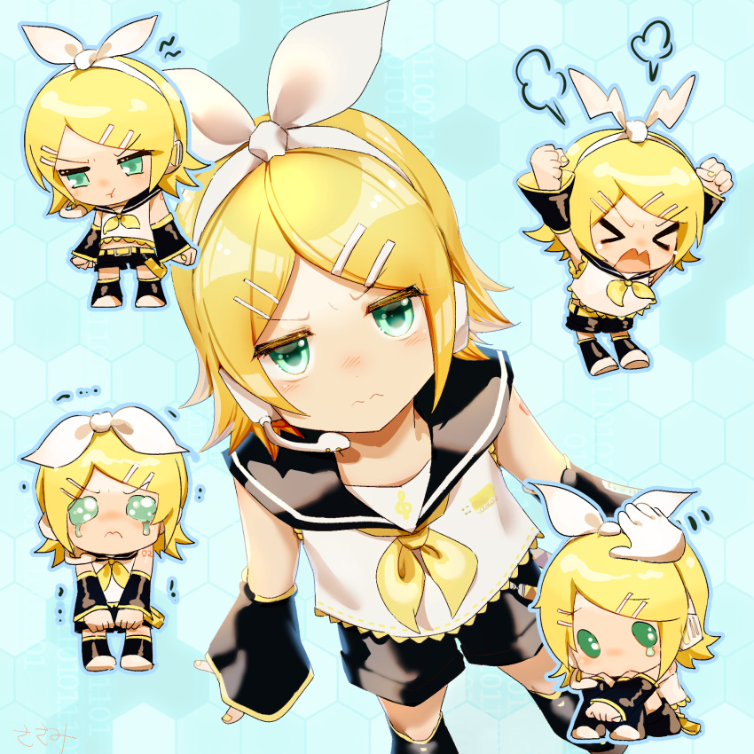 &gt;:( &gt;_&lt; 1girl :t angry annoyed aqua_background bare_shoulders black_sailor_collar black_shorts black_sleeves blonde_hair bow chibi clenched_hand comforting crop_top crying crying_with_eyes_open detached_sleeves expressions flat_chest from_above hair_bow hair_ornament hairclip hands_up head_steam headpat headphones headset highres honeycomb_(pattern) honeycomb_background juvenile kagamine_rin leg_warmers midriff_peek neckerchief open_mouth pigeon-toed pout sailor_collar shirt short_hair shorts shoulder_tattoo sleeveless sleeveless_shirt solid_oval_eyes solo tantrum tattoo teardrop tears teenage torino_sasami treble_clef v-shaped_eyebrows vocaloid wavy_mouth white_bow white_shirt wide_sleeves yellow_neckerchief young