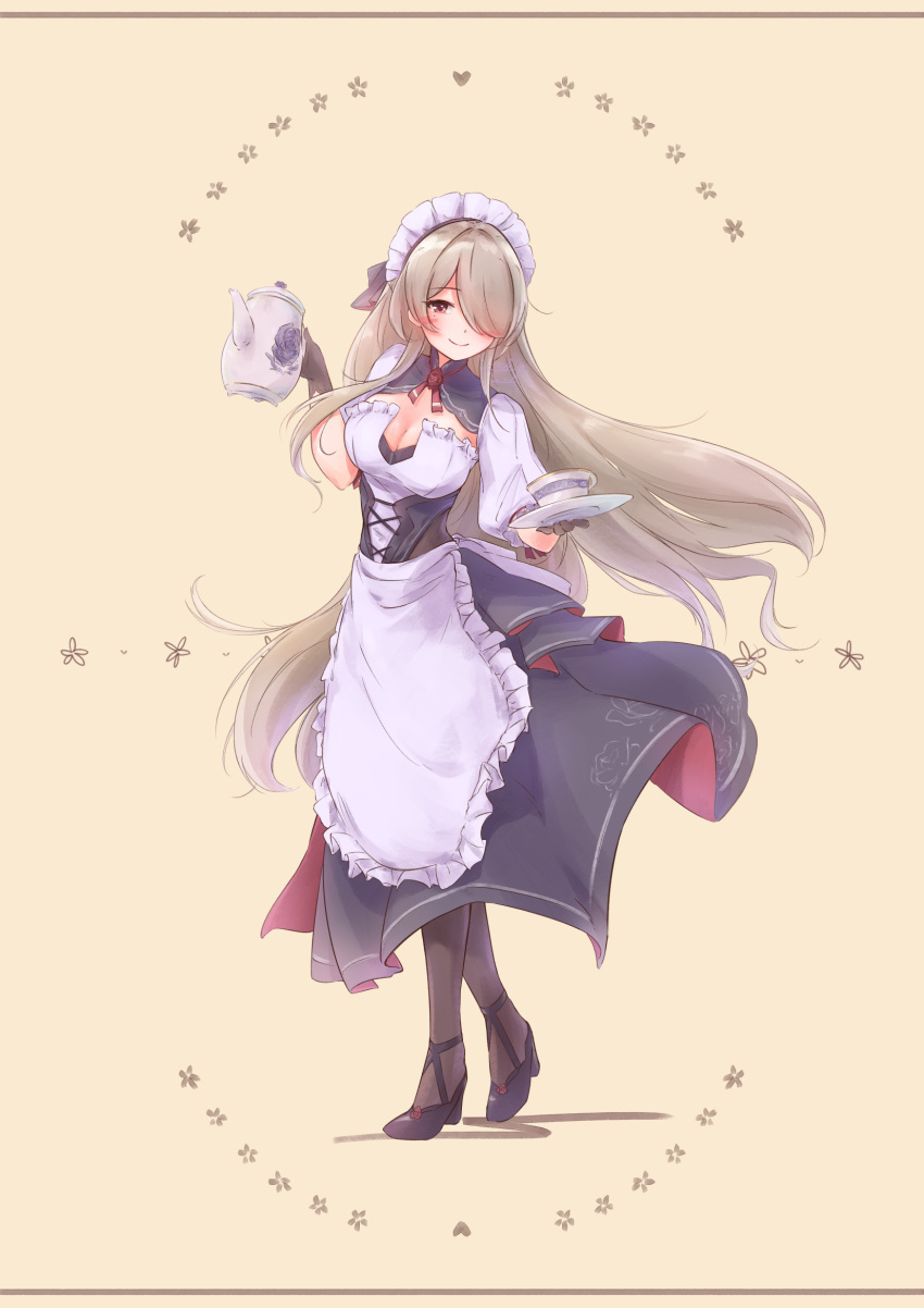 apron breasts brown_hair cleavage_cutout clothing_cutout cup elbow_gloves floating_hair full_body gloves hair_between_eyes hair_over_one_eye high_heels highres holding holding_plate holding_teapot honkai_(series) honkai_impact_3rd large_breasts long_hair maid maid_apron maid_headdress parted_bangs plate red_eyes rita_rossweisse sidelocks simple_background smile teacup teapot yuuki_moka