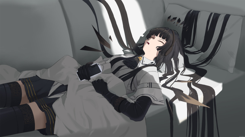 1girl arknights ascot black_ascot black_gloves black_hair black_skirt black_thighhighs blunt_bangs closed_eyes commentary couch cowboy_shot day elbow_gloves gloves hair_spread_out headphones highres indoors jacket legs_apart listening_to_music long_hair long_sleeves lying miniskirt northkiyou on_back open_mouth pillow pleated_skirt screen_light shadow skirt sleeping solo straight_hair thigh-highs very_long_hair virtuosa_(arknights) white_jacket wings zettai_ryouiki