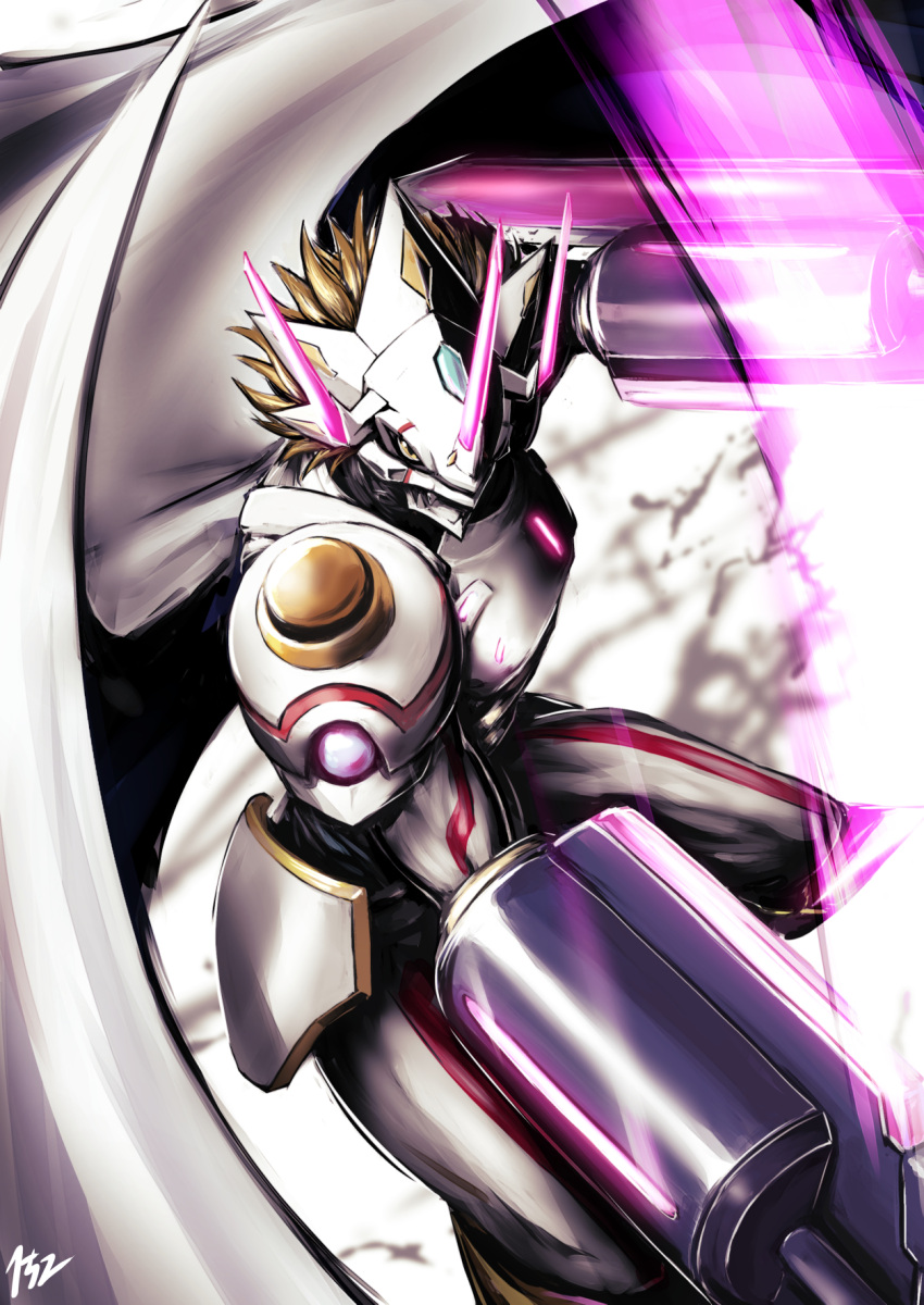 152_in_can arm_blade arm_cannon armor artist_logo blonde_hair colored_skin commentary_request covered_mouth digimon digimon_ghost_game dragon full_armor glowing glowing_horns glowing_sword glowing_weapon highres horns looking_at_viewer no_humans short_hair siriusmon spiky_hair spread_wings swing sword weapon white_skin wings yellow_eyes