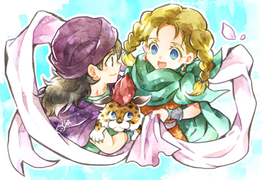 1boy 1girl aged_down animal_hug bianca_(dq5) black_hair blonde_hair blue_eyes borongo bracelet braid cape child cloak closed_mouth commentary_request cropped_torso dragon_quest dragon_quest_v dress earrings green_cape green_cloak green_tunic hero_(dq5) highres holding holding_ribbon isa_(chiyo-s) jewelry long_hair looking_at_another open_mouth orange_dress purple_cloak purple_headwear ribbon smile turban twin_braids upper_body