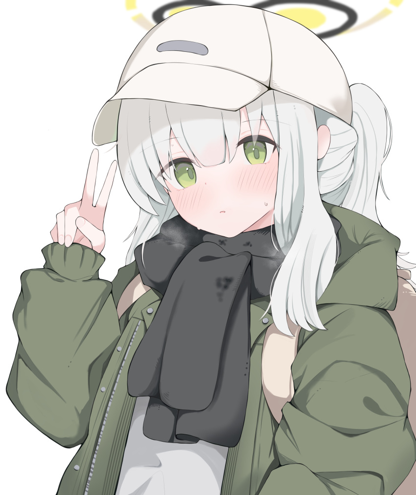 1girl absurdres black_scarf blue_archive blush breath green_eyes green_jacket grey_hair halo hare_(blue_archive) hare_(camp)_(blue_archive) hat highres hood hooded_jacket jacket long_hair long_sleeves looking_at_viewer nui_(nuinui0300) official_alternate_costume open_clothes open_jacket parted_lips ponytail scarf simple_background solo sweatdrop v white_background white_headwear