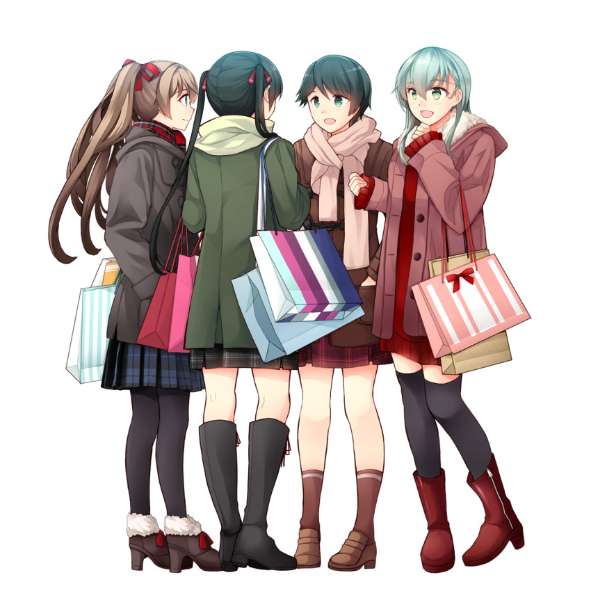 4girls :d alternate_costume aqua_hair bag black_footwear black_skirt blue_eyes boots brown_coat brown_footwear brown_hair casual coat duffel_coat from_behind full_body fur-trimmed_boots fur_trim green_coat green_eyes green_hair grey_coat hair_between_eyes hair_ornament hair_ribbon hand_in_pocket high_heel_boots high_heels highres kantai_collection knee_boots kneehighs kumano_(kancolle) loafers long_hair looking_at_another mikuma_(kancolle) mogami_(kancolle) multiple_girls pantyhose pink_coat pink_scarf plaid plaid_scarf plaid_skirt ponytail red_footwear red_ribbon red_scarf red_skirt red_sweater ribbon scarf shoes shopping_bag short_hair simple_background skirt sleeves_past_wrists smile snowflake_hair_ornament socks star_(symbol) suzuya_(kancolle) sweater swept_bangs teramoto_kaoru thigh-highs twintails white_background white_scarf