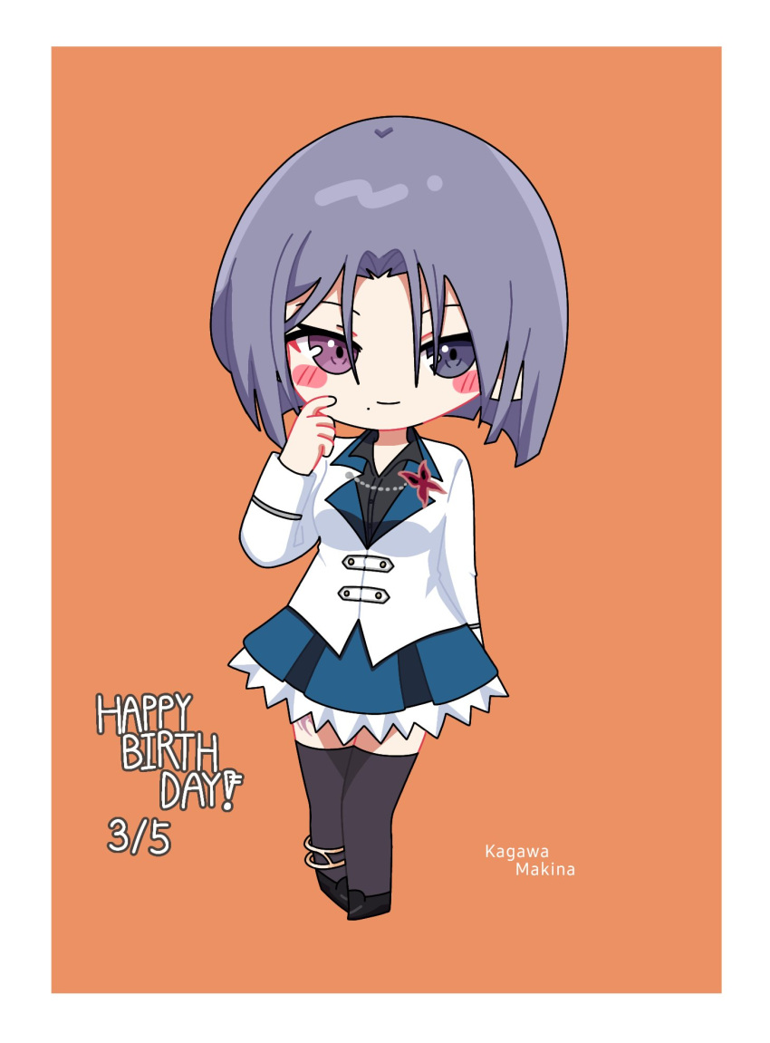 1girl anklet arm_at_side assault_lily black_footwear black_thighhighs blue_eyes blue_skirt blush bob_cut border character_name chibi commentary finger_to_cheek full_body grey_hair hair_between_eyes hand_up happy_birthday herensuge_girls_academy_school_uniform heterochromia highres jacket jewelry kagawa_makina light_smile long_sleeves looking_at_viewer miniskirt mole mole_under_eye orange_background parted_bangs pink_eyes school_uniform shoes short_hair simple_background skirt solo standing thigh-highs white_border white_jacket yui_(yui1115_) zettai_ryouiki