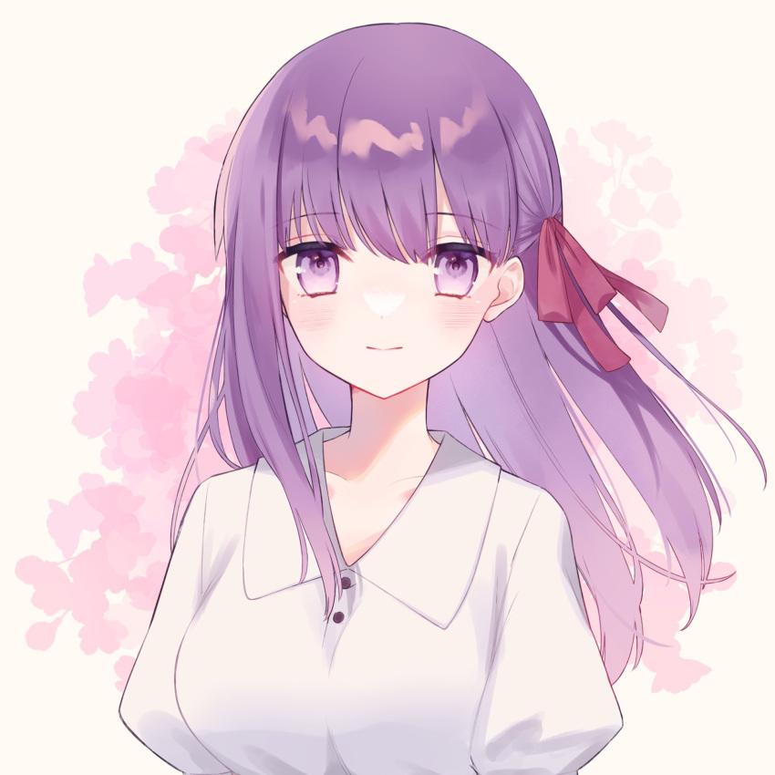 1girl blush closed_mouth collared_shirt fate/stay_night fate_(series) hair_ribbon highres long_hair looking_at_viewer matou_sakura pink_background puffy_short_sleeves puffy_sleeves purple_hair red_ribbon ribbon shichishino shirt short_sleeves simple_background smile solo straight-on two-tone_background upper_body violet_eyes watercolor_background white_background white_shirt