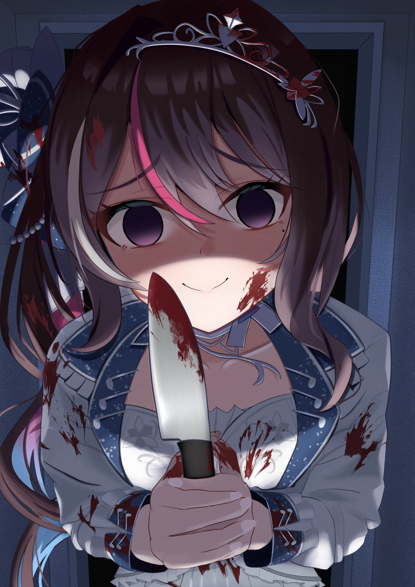 1girl absurdres azki_(hololive) blood blood_on_clothes blood_on_face blue_hair brown_hair colored_inner_hair dress false_smile highres holding holding_knife hololive indoors kitchen_knife knife kurenaiaoi0 long_sleeves looking_at_viewer multicolored_hair pink_hair shaded_face sidelocks smile solo standing streaked_hair tiara violet_eyes virtual_youtuber white_dress white_hair yandere