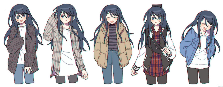 1girl :d bag black_hair black_jacket black_pantyhose blue_eyes blue_jacket blue_pants blush brown_cardigan brown_shirt cable_knit cardigan closed_mouth cocov collarbone collared_jacket collared_shirt cropped_legs denim dot_nose down_jacket drawstring facing_viewer fanny_pack grey_jacket hair_between_eyes hand_in_own_hair hand_on_own_head high-waist_pants highres hood hood_down hoodie hoshino_ichika_(project_sekai) instrument_case instrument_on_back jacket jeans leaning_forward letterman_jacket long_hair long_sleeves looking_at_viewer multiple_views open_cardigan open_clothes open_jacket open_mouth pants pantyhose plaid plaid_shirt project_sekai red_shirt shirt shoulder_bag sidelocks simple_background smile straight_hair striped_clothes striped_jacket striped_shirt variations white_background white_hoodie white_shirt yellow_jacket zipper