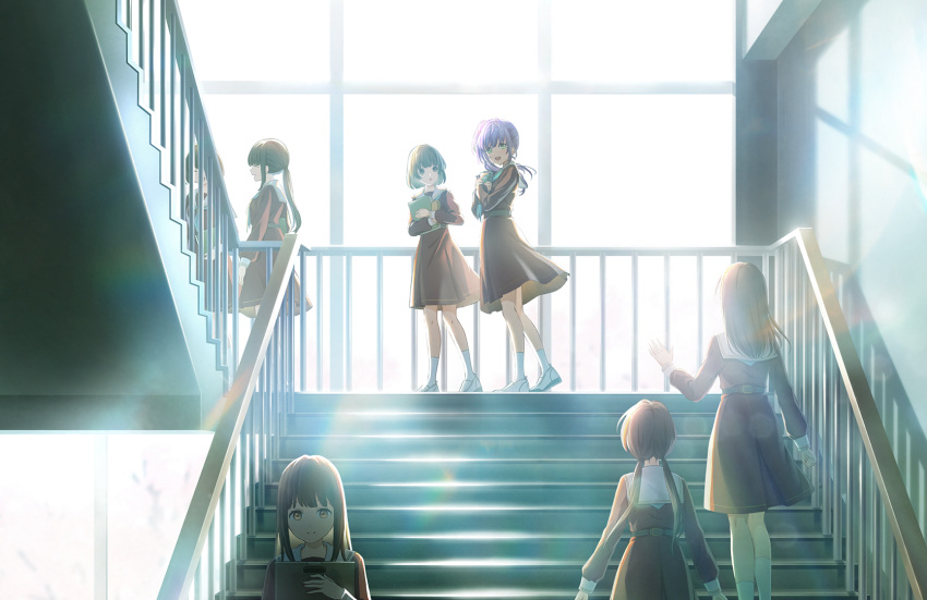 6+girls :d :o aqua_neckerchief blurry bokeh brown_dress brown_eyes brown_hair depth_of_field dress green_eyes hair_flowing_over hallway hands_on_own_chest hasu_no_sora_school_uniform highres holding holding_case holding_notebook lens_flare link!_like!_love_live! loafers long_hair long_sleeves looking_at_another looking_at_viewer love_live! multiple_girls neckerchief notebook official_art open_mouth otomune_kozue pleated_dress purple_hair sailor_collar sailor_dress school school_uniform shoes side_ponytail smile socks solo_focus stairs teeth third-party_source upper_teeth_only white_footwear white_sailor_collar white_socks wide_shot winter_uniform