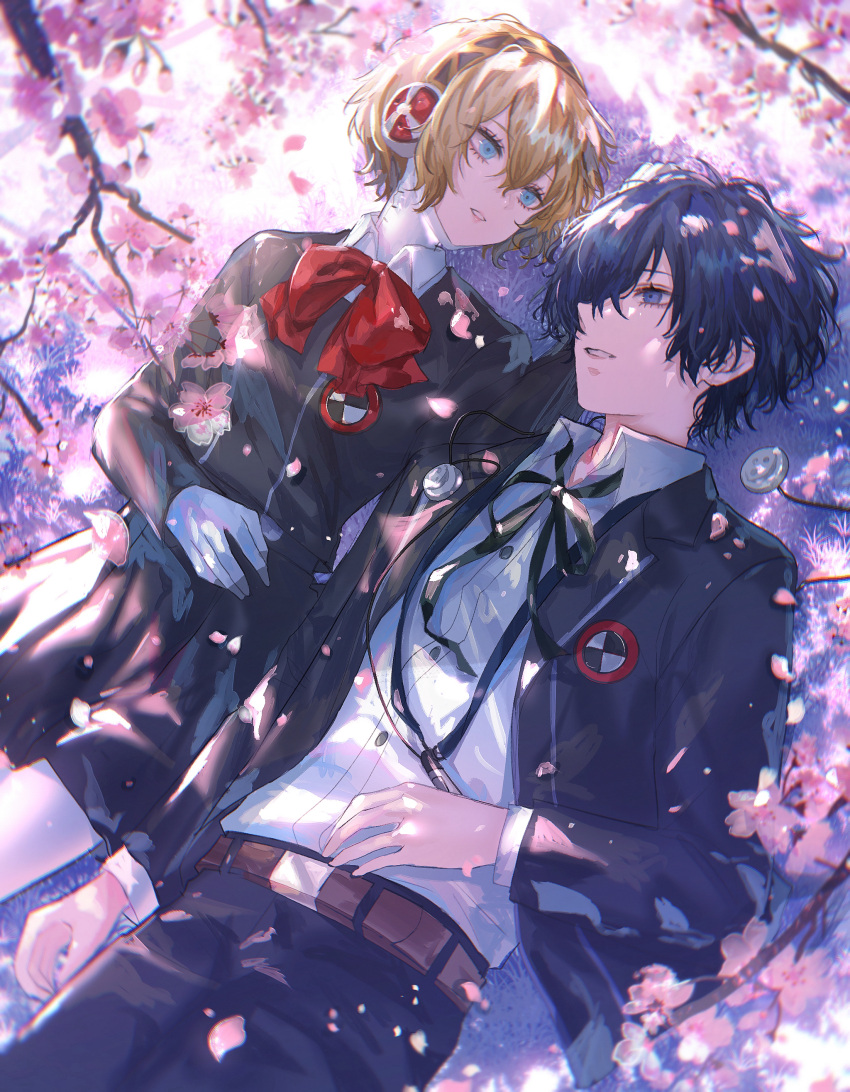 1boy 1girl absurdres aegis_(persona) android asano_(kazusasn) blonde_hair blue_eyes blue_hair bow bowtie branch cherry_blossoms collared_shirt digital_media_player falling_petals gekkoukan_high_school_uniform headphones headphones_around_neck highres jacket looking_ahead looking_at_another lying on_back on_ground open_clothes open_jacket parted_lips persona persona_3 petals pleated_skirt red_bow red_bowtie robot_ears school_uniform shadow shirt short_hair skirt tree upper_body yuuki_makoto_(persona_3)