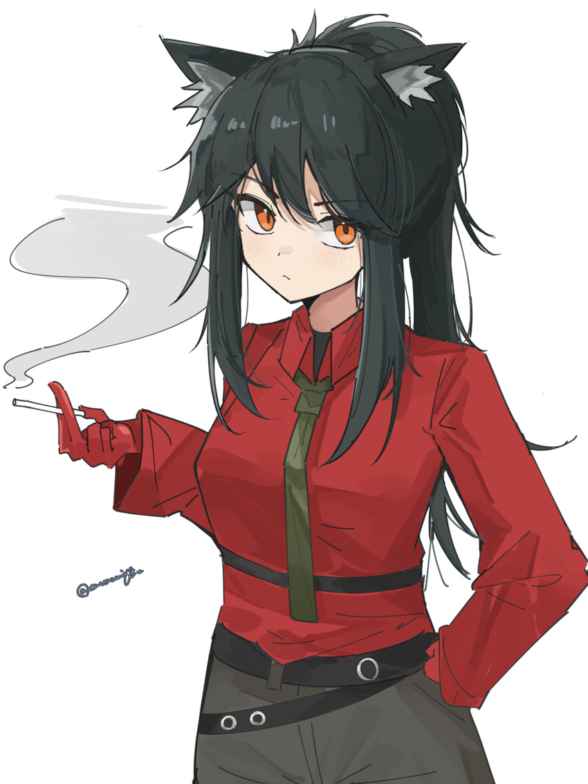 1girl animal_ear_fluff animal_ears arknights belt between_fingers black_belt black_hair black_pants cigarette closed_mouth collared_shirt commentary cowboy_shot enunomiya expressionless gloves green_necktie hand_on_own_hip hand_up highres holding light_blush long_hair long_sleeves looking_at_viewer necktie official_alternate_costume orange_eyes pants ponytail red_gloves red_shirt shirt sidelocks simple_background sketch smoke smoking solo standing symbol-only_commentary texas_(arknights) texas_(willpower)_(arknights) white_background wolf_ears wolf_girl