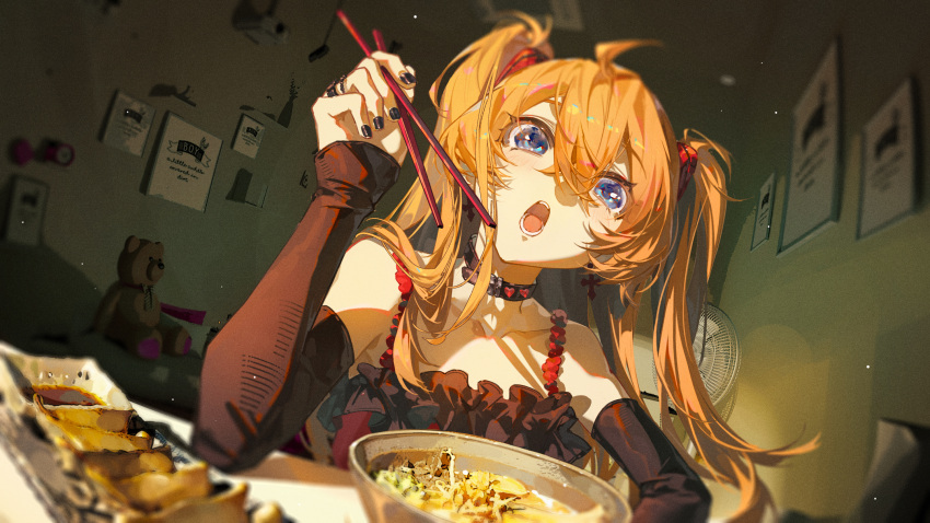 1girl black_nails blue_eyes chopsticks collar collarbone detached_sleeves electric_fan food frilled_shirt frills highres holding holding_chopsticks looking_at_viewer neon_genesis_evangelion open_mouth orange_hair shirt sleeveless sleeveless_shirt solo souryuu_asuka_langley tuzhate twintails