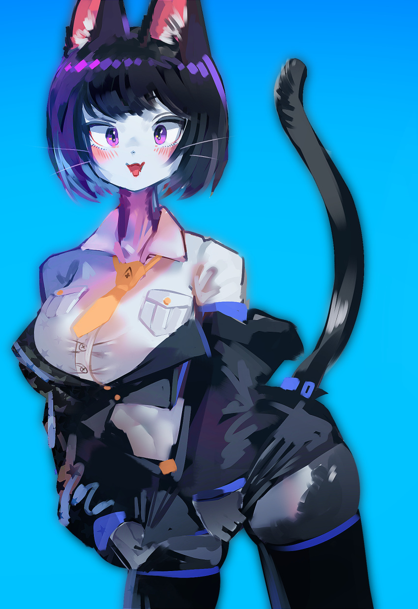 1girl animal_ear_fluff animal_ears animal_nose black_hair black_jacket black_shorts black_thighhighs blue_background blush breasts cat_ears cat_girl cat_tail fangs highres jacket looking_at_viewer navel necktie open_mouth original ribbon shirt short_hair shorts simple_background solo tail thigh-highs utta violet_eyes white_shirt yellow_ribbon