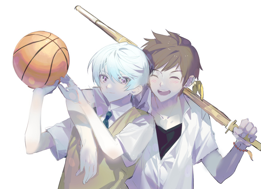 2boys absurdres arm_around_shoulder ball basketball_(object) bead_bracelet beads blush bracelet brown_hair closed_eyes collared_shirt commentary_request earrings feather_earrings feathers gradient_background grey_hair happy highres jewelry looking_at_another male_focus mikleo_(tales) multiple_boys necktie open_mouth pale_skin partially_unbuttoned school_uniform shinai shirt short_hair sketch smile sorey_(tales) sweater_vest swept_bangs sword tales_of_(series) tales_of_zestiria upper_body v1oletw1steria violet_eyes weapon white_background white_shirt