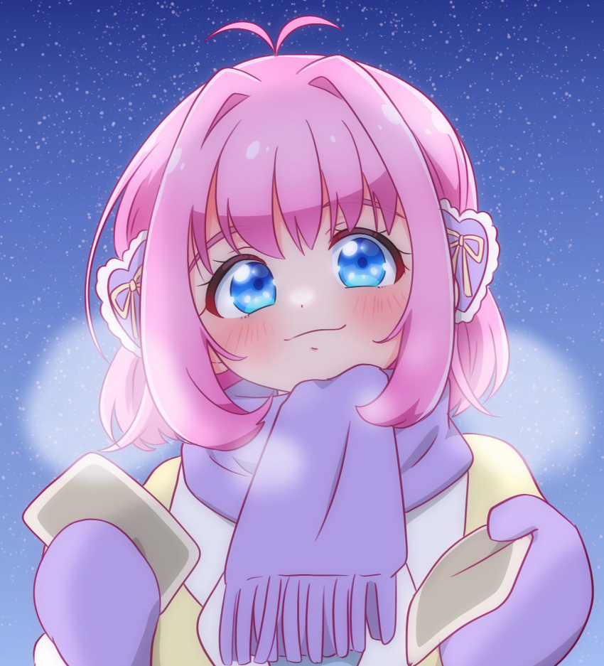 1girl amauri_miruki antenna_hair blue_eyes blush breath chii_(chi_pppuri) closed_mouth commentary_request earmuffs hair_intakes hair_ornament heart heart_hair_ornament highres holding incoming_gift long_sleeves looking_at_viewer mittens night night_sky outdoors pink_hair pretty_series purple_mittens purple_scarf scarf short_hair sky smile solo star_(sky) starry_sky upper_body waccha_primagi! winter_clothes
