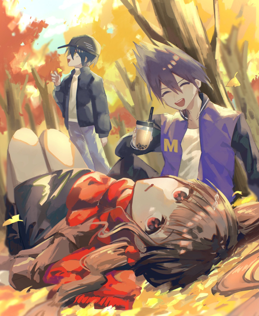 1girl 2boys autumn autumn_leaves black_hair brown_hair bubble_tea closed_eyes danganronpa_(series) danganronpa_v3:_killing_harmony drink facial_hair falling_leaves goatee harukawa_maki hat highres holding holding_drink jacket knees_up leaf long_hair looking_at_viewer looking_up lying mole mole_under_eye momota_kaito multiple_boys nemari_(nemaru_0907) on_back on_ground open_clothes open_jacket open_mouth outdoors purple_hair red_eyes red_scarf saihara_shuichi scarf short_hair sitting skirt spiky_hair standing tree twintails yellow_eyes