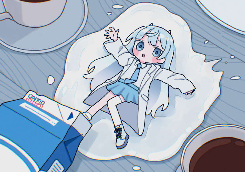 1girl 1nupool :o ahoge blue_eyes blue_hair blue_necktie blue_skirt blue_theme blush_stickers boots chibi coat coffee cream fallen_down gradient_hair highres horns knees_together_feet_apart lab_coat lying milk milk_carton mini_person minigirl multicolored_hair necktie on_back open_clothes open_coat original personification single_thighhigh skirt solo spill spilled_milk table thigh-highs white_coat white_footwear white_horns white_thighhighs