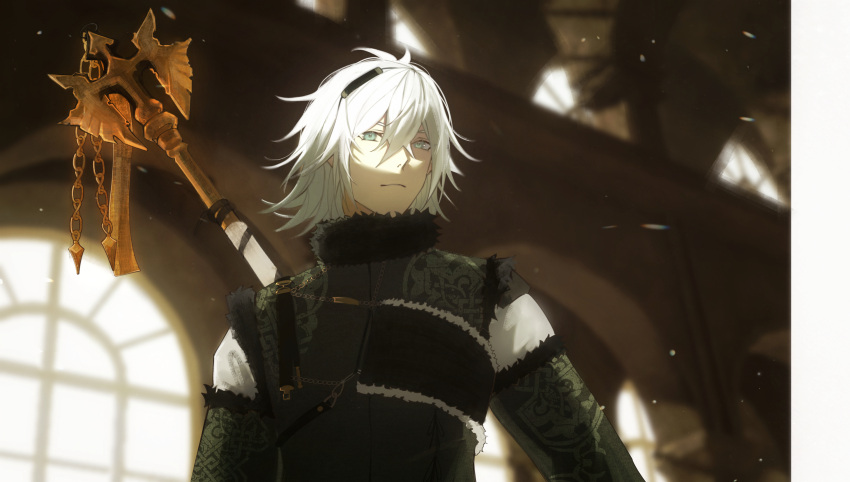 1boy absurdres blue_eyes blurry blurry_background closed_mouth hair_between_eyes highres indoors light_smile looking_at_viewer male_focus nier nier_(series) nier_(young) polearm shokansen short_hair solo spear upper_body weapon white_hair window