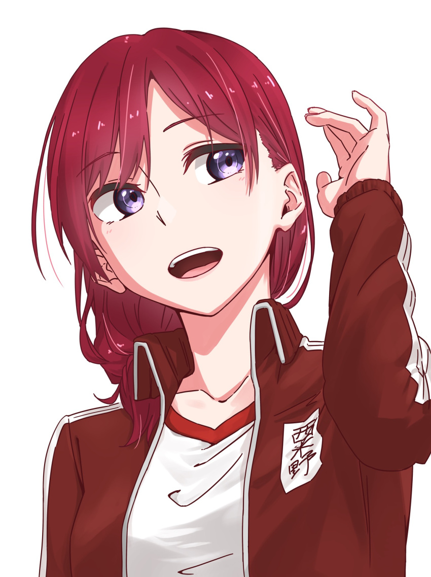 1girl collarbone commentary_request hand_up highres jacket long_sleeves looking_to_the_side love_live! love_live!_school_idol_project medium_hair nishikino_maki open_clothes open_jacket open_mouth red_jacket redhead s_sho_mkrn shirt solo teeth upper_body upper_teeth_only violet_eyes white_background white_shirt