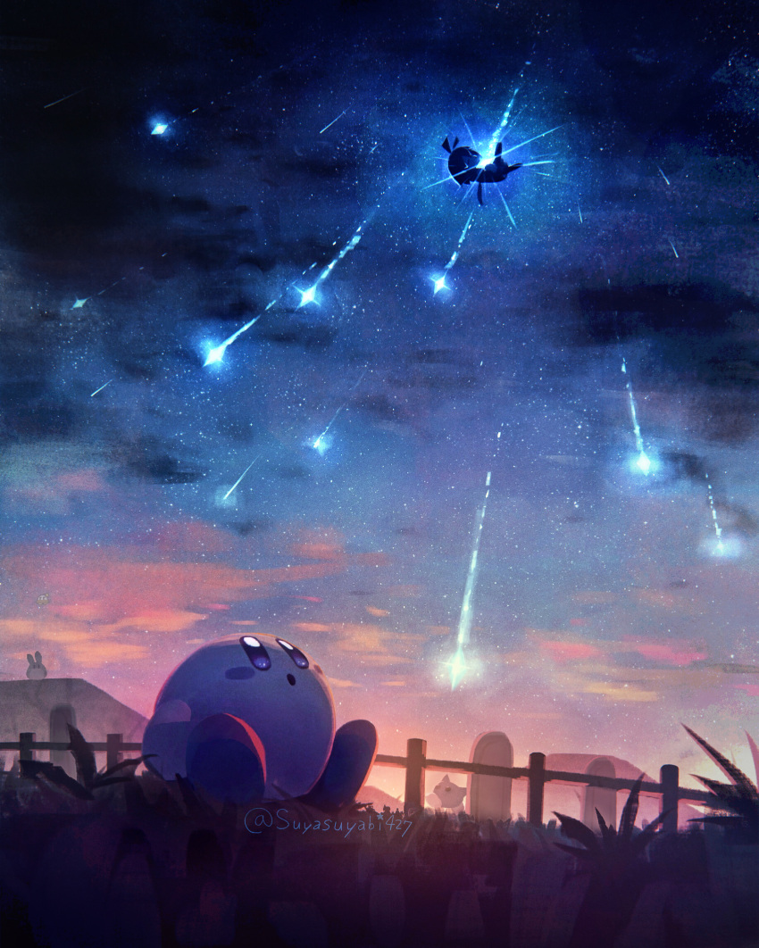 1girl :o artist_name blue_eyes blush blush_stickers clouds commentary_request crystal_shard dawn dress fairy fairy_wings falling fence grass hair_ribbon hataraku_ufo highres hill jobski kirby kirby_(series) kirby_64 looking_up meteor_shower n-z no_humans on_grass open_mouth outdoors polof ribbon ribbon_(kirby) short_hair sitting sky star_(sky) star_(symbol) starry_sky suyasuyabi twilight twitter_username ufo wings wooden_fence