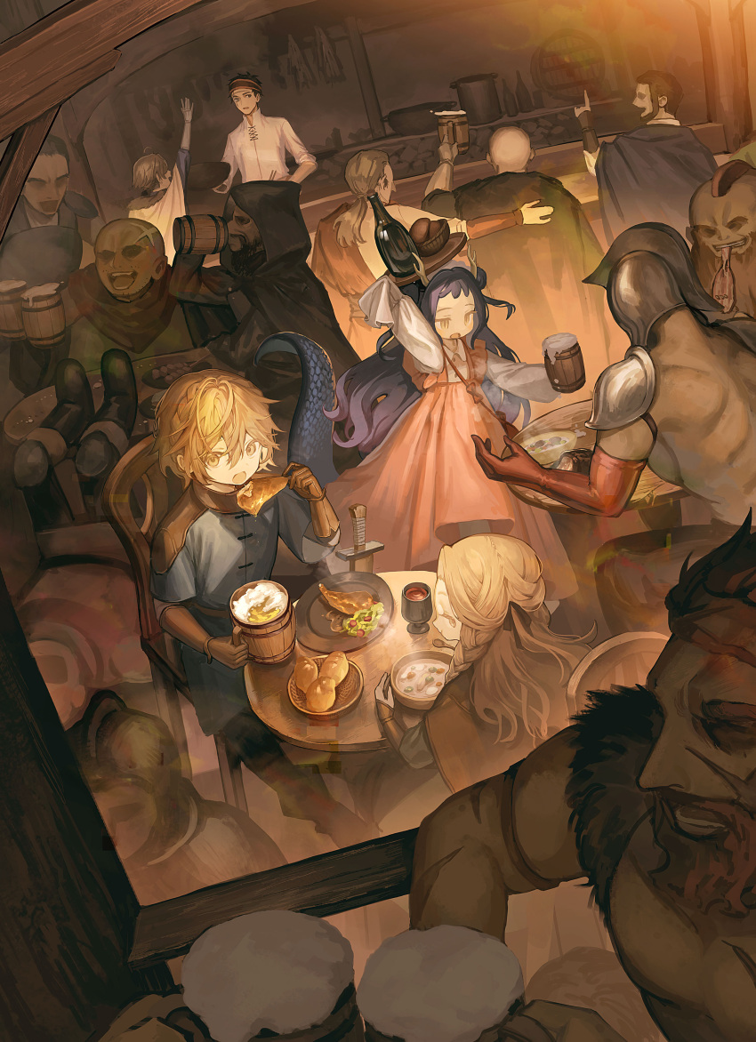 2girls 6+boys absurdres alcohol beard beer beer_mug blonde_hair brown_hair child commentary_request copyright_request cover cup dragon_girl dragon_horns dragon_tail dress drinking eating facial_hair fantasy food highres horns indoors kururi long_hair looking_at_another mug multiple_boys multiple_girls multiple_scars novel_illustration official_art open_mouth scar short_hair sitting slit_pupils soup standing steam table tail tankard tavern topless_male tray tunic yellow_eyes