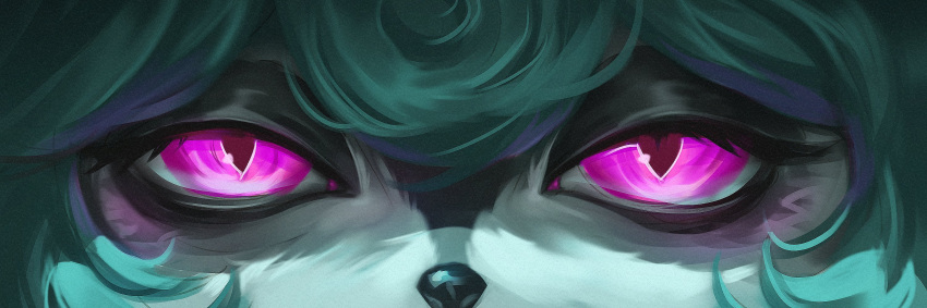 1girl close-up eye_focus glowing glowing_eyes green_hair highres league_of_legends looking_at_viewer pale_skin pink_eyes straight-on timo_(timotimo628) vex_(league_of_legends) yordle
