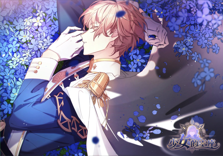 1boy arm_behind_head blonde_hair blue_flower blue_jacket cape closed_eyes copyright_name epaulettes falling_petals field flower flower_field from_above gloves hair_between_eyes highres jacket long_sleeves lying male_focus on_side parted_lips petals profile sash short_hair shoulder_sash sleeping sleeve_cuffs solo the_throne_of_girl tnmrsic upper_body white_cape white_gloves
