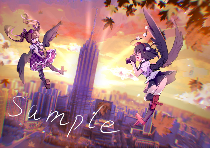 2girls absurdres black_feathers black_wings brown_hair city clouds feathered_wings feathers floating flying frilled_skirt frills hat highres himekaidou_hatate holding holding_phone leaf maple_leaf multiple_girls phone plaid plaid_skirt purple_skirt red_headwear scenery shameimaru_aya shirt shouxishao_jiuyuan skirt tokin_hat touhou twintails white_shirt wings