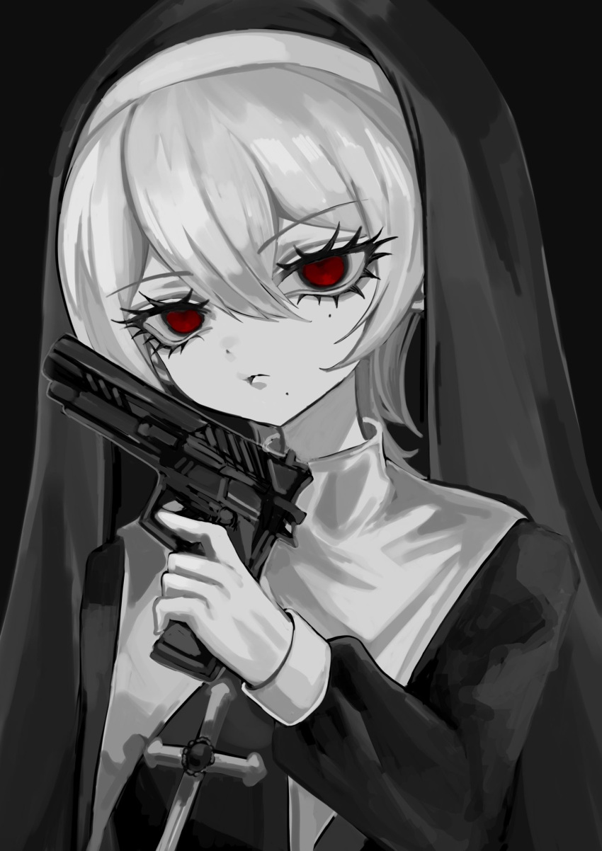 1girl black_background closed_mouth coif cross eyelashes greyscale gun habit hair_between_eyes hand_up handgun highres holding holding_gun holding_weapon latin_cross long_sleeves looking_at_viewer mole mole_under_eye mole_under_mouth monochrome nun original red_eyes shiona_(siona0625) simple_background solo spot_color traditional_nun upper_body veil weapon