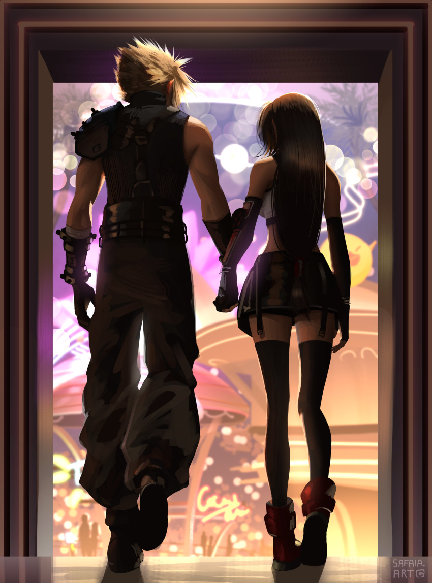1boy 1girl absurdres armor artist_name baggy_pants bare_shoulders black_gloves black_hair black_skirt black_thighhighs blonde_hair blurry blurry_background boots cloud_strife commentary crop_top elbow_gloves english_commentary final_fantasy final_fantasy_vii final_fantasy_vii_rebirth final_fantasy_vii_remake fingerless_gloves from_behind full_body gloves height_difference highres holding_hands indoors light_particles long_hair low-tied_long_hair pants red_footwear safaia short_hair shoulder_armor single_bare_shoulder skirt sleeveless sleeveless_turtleneck spiky_hair sweater tank_top thigh-highs tifa_lockhart turtleneck turtleneck_sweater walking white_tank_top zettai_ryouiki