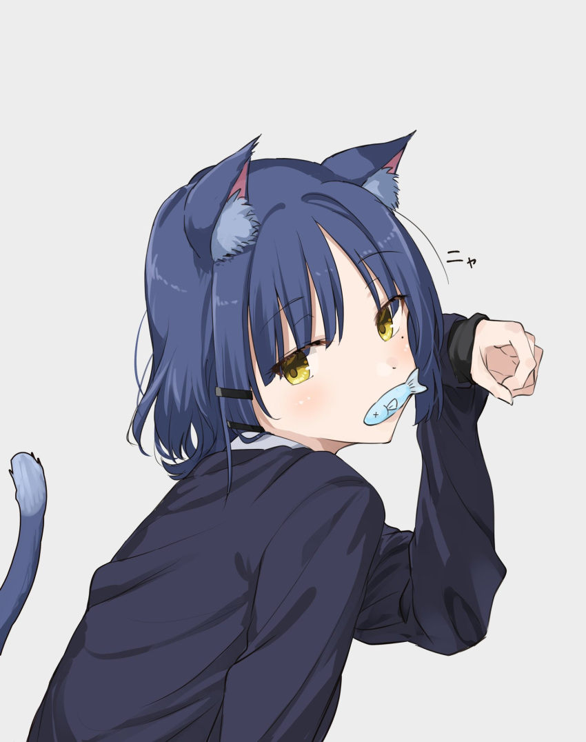 1girl animal_ear_fluff animal_ears black_sweater blue_hair bocchi_the_rock! cat_ears cat_tail collared_shirt fish highres kanaria_hisagi long_sleeves mole mole_under_eye mouth_hold school_uniform shimokitazawa_high_school_uniform shirt short_hair skirt solo sweater tail white_shirt yamada_ryo yellow_eyes