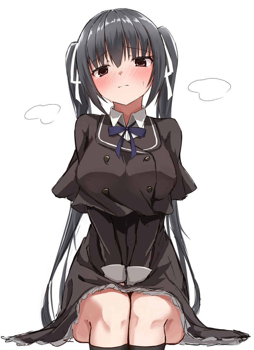 1girl absurdres aroused between_legs black_hair blush breasts brown_capelet brown_dress capelet closed_mouth cowboy_shot dress fidgeting frilled_dress frills frown hair_between_eyes hair_ribbon hand_between_legs highres honma_misuzu large_breasts long_hair long_sleeves looking_at_viewer neck_ribbon nose_blush purple_ribbon red_eyes ribbon sakura_no_toki school_uniform simple_background sitting solo split_mouth straight_hair sweat takoyaki032002 twintails v_arms very_long_hair white_background white_ribbon