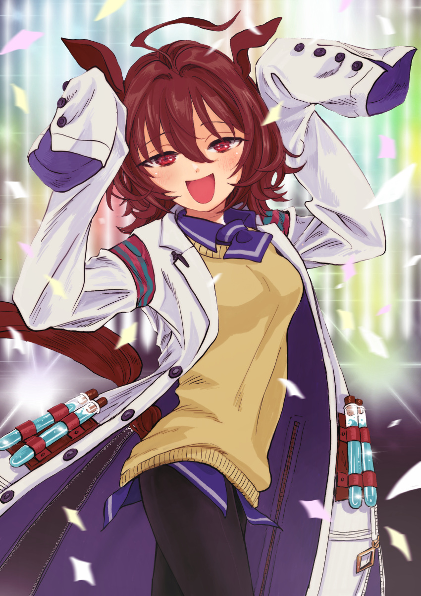 1girl absurdres agnes_tachyon_(umamusume) ahoge animal_ears arms_up black_pantyhose breasts brown_hair collared_shirt confetti cowboy_shot hair_between_eyes highres horse_ears horse_girl horse_tail inaho_soji lab_coat looking_at_viewer looking_to_the_side necktie open_mouth pantyhose pen purple_necktie purple_shirt red_eyes shirt sleeves_past_fingers sleeves_past_wrists small_breasts smile solo stage standing sweater tail test_tube umamusume yellow_sweater