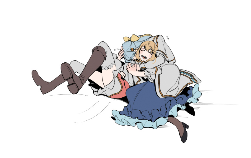 2girls anisphia_wynn_palettia black_footwear black_pantyhose blonde_hair blue_hair blue_skirt boots brown_footwear capelet closed_eyes coat commentary_request euphyllia_magenta full_body hair_ribbon hand_on_another's_head high_heels highres hug hug_from_behind knee_boots laughing lelioz long_sleeves medium_hair motion_lines multiple_girls on_ground open_mouth pantyhose petticoat pink_skirt ribbon shirt simple_background skirt smile tensei_oujo_to_tensai_reijou_no_mahou_kakumei thigh-highs white_background white_capelet white_coat white_shirt white_thighhighs yellow_ribbon yuri