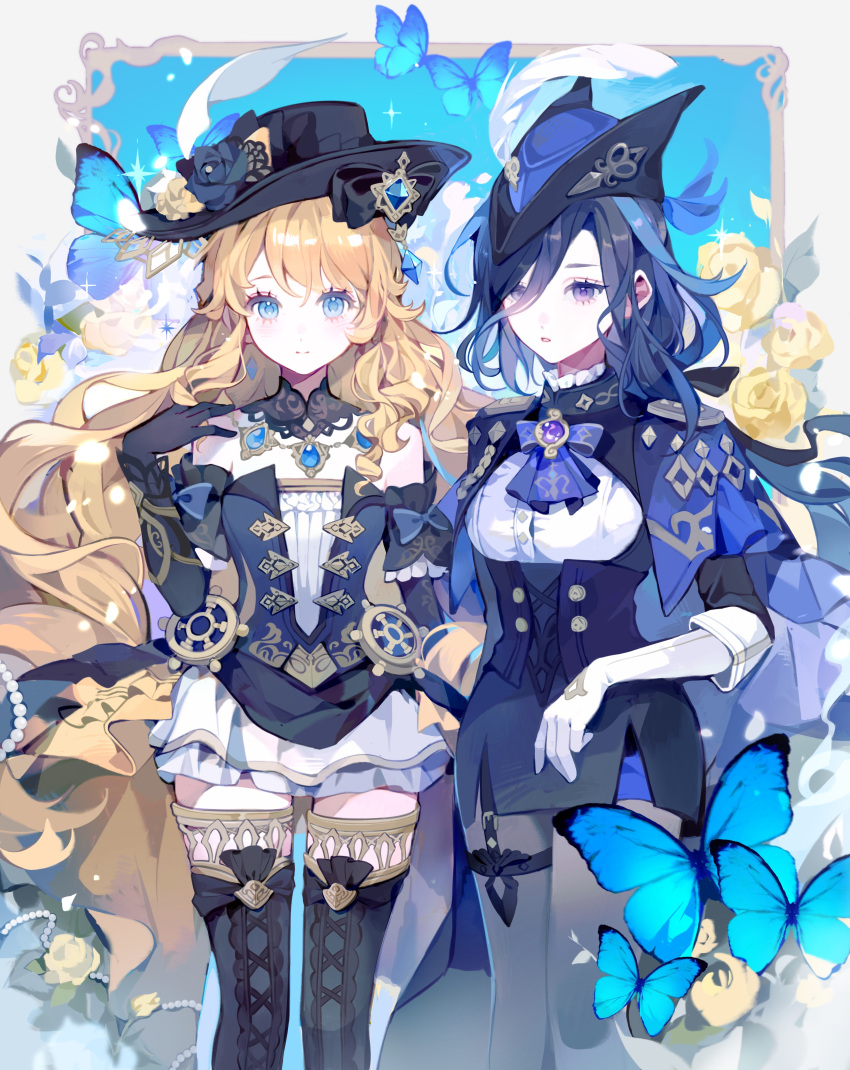 2girls absurdres ascot bare_shoulders black_bow black_collar black_corset black_dress black_flower black_gloves black_headwear black_rose black_thighhighs blonde_hair blue_ascot blue_bow blue_bowtie blue_butterfly blue_cape blue_eyes blue_flower blue_gemstone blue_hair blue_headwear blue_rose bow bowtie brooch bug butterfly cape clorinde_(genshin_impact) closed_mouth collar commentary_request corset dark_blue_hair dress drill_hair epaulettes flower fold-over_gloves framed_breasts gem genshin_impact gloves grey_pantyhose hand_on_own_shoulder hand_up hat hat_bow hat_feather hat_flower highres jewelry long_hair looking_at_viewer multiple_girls nanaco_(nana11jellyfish) navia_(genshin_impact) open_mouth pantyhose pearl_(gemstone) rose skirt smile strapless strapless_dress thigh-highs tricorne two-tone_headwear very_long_hair violet_eyes white_gloves white_skirt yellow_flower