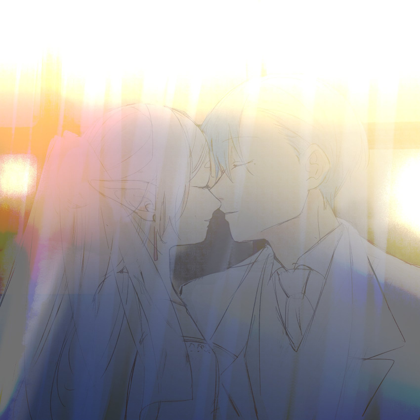 1boy 1girl blue_hair chamwa closed_eyes commentary dress earrings elf frieren hashtag_only_commentary hetero highres himmel_(sousou_no_frieren) husband_and_wife imminent_kiss jacket jewelry long_hair mole mole_under_eye necktie noses_touching parted_lips pointy_ears shirt short_hair sousou_no_frieren suit suit_jacket twintails upper_body veil wedding_dress white_dress white_hair white_jacket white_necktie white_shirt white_suit
