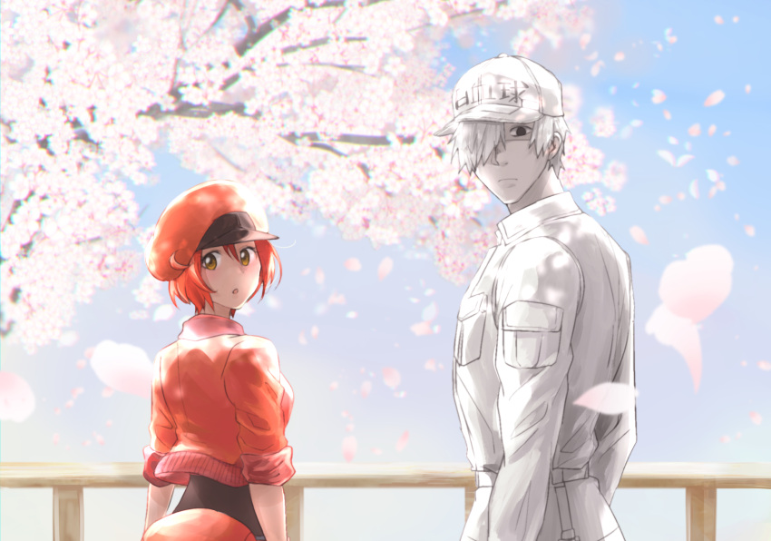 1boy 1girl :o ae-3803 ahoge arms_at_sides baseball_cap black_eyes black_shirt blue_sky breast_pocket breasts brown_eyes cabbie_hat cherry_blossoms clothes_writing collared_shirt commentary_request couple cropped_jacket empty_eyes expressionless falling_petals fanny_pack hair_between_eyes hair_over_one_eye hat hataraku_saibou height_difference highres jacket long_sleeves looking_at_viewer looking_back medium_breasts n_yukiura outdoors pale_skin parted_lips petals pink_petals pocket railing red_blood_cell_(hataraku_saibou) red_headwear red_jacket redhead shaded_face shirt short_hair short_sleeves sky spring_(season) t-shirt tree u-1146 uniform upper_body white_blood_cell_(hataraku_saibou) white_hair white_headwear white_shirt