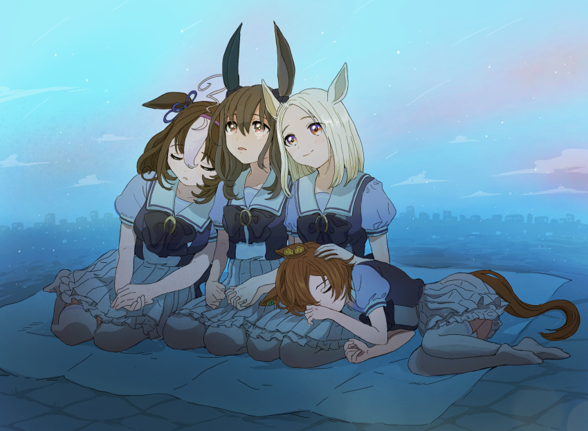 4girls admire_vega_(umamusume) ahoge animal_ears blanket blonde_hair bow bowtie breasts brown_hair closed_mouth hairband hand_on_another's_head highres horse_ears horse_girl horse_tail inaho_soji leaning_on_person long_hair looking_up medium_breasts meisho_doto_(umamusume) multiple_girls narita_top_road_(umamusume) no_shoes open_mouth orange_hair outdoors purple_shirt sailor_collar school_uniform shirt short_hair short_sleeves skirt sleeping small_breasts smile t.m._opera_o_(umamusume) tail tearing_up thigh-highs tracen_school_uniform umamusume white_skirt white_thighhighs